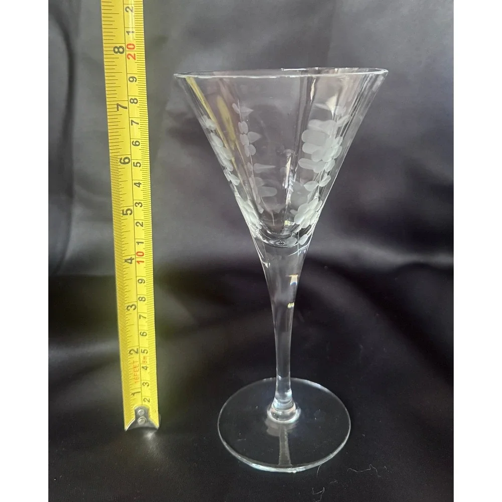 Vintage Etched Floral Crystal Cordial Glass Tall Stem Liqueur Wine Goblet Clear